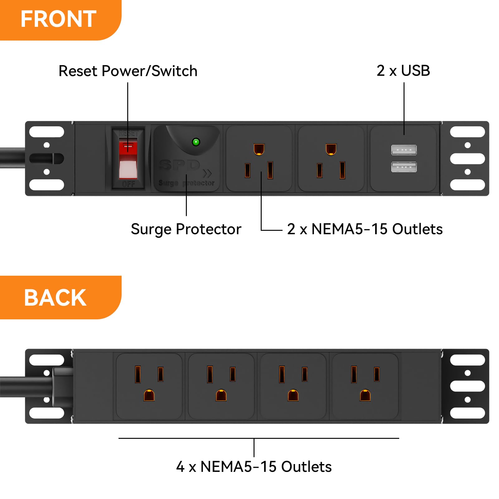 PDU rack 10 pouces, 1U 6 sorties (2 pouces avant, 4 pouces arrière), protection contre les surtensions 1020J et interrupteur de surcharge 15A et 2 USB-A, bandes d'alimentation