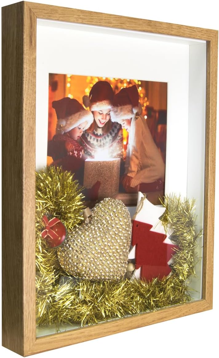 BD ART Shadow Box 3D 11x14 Inch, Display Box Photo Frames, Rustic Oak, Picture Frame with Wall and Tabletop for 8x10 inch Photo, for Crafts, Photos, Souvenir, Baby Items, dried Flowers, Medals
