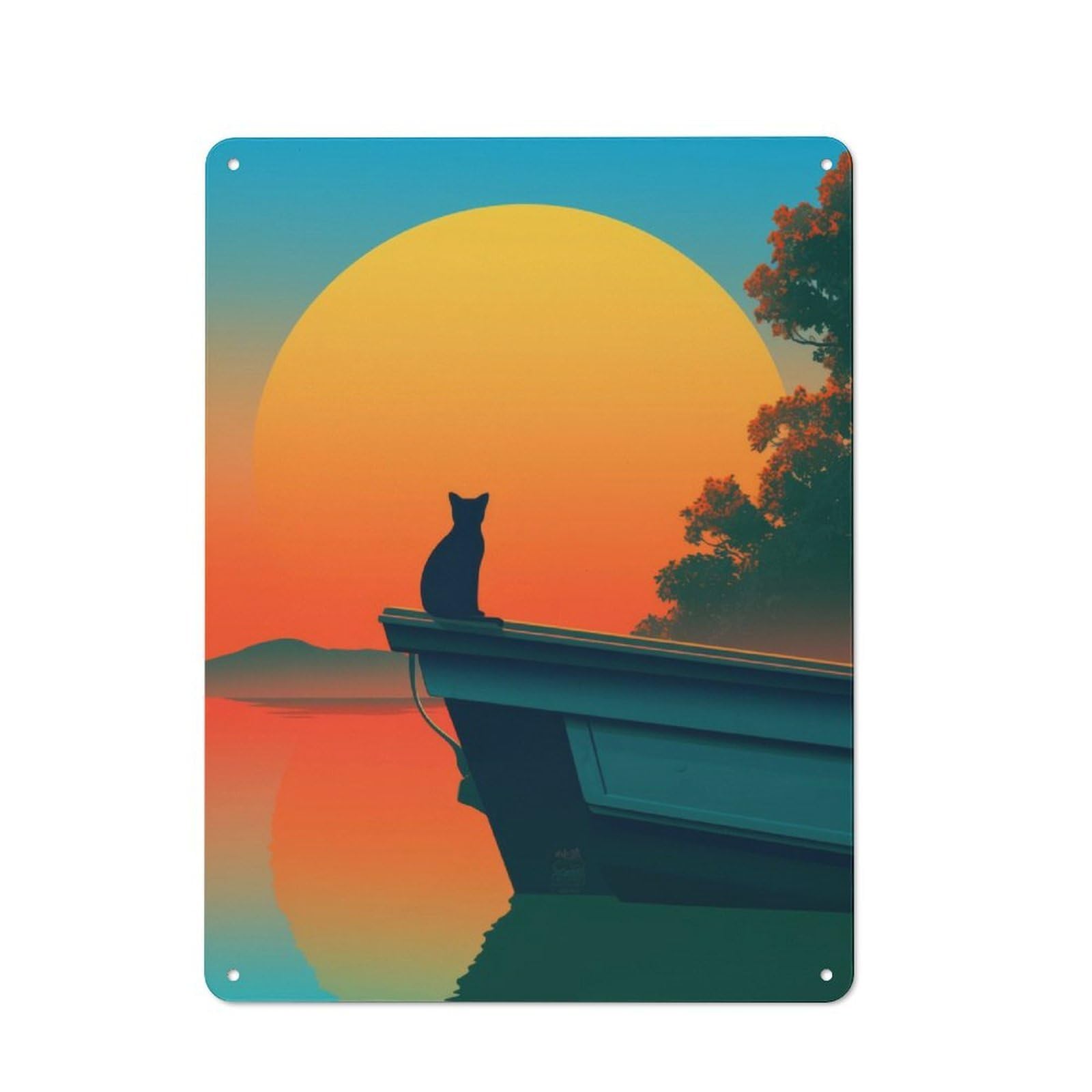 Junmoney Cat On A Boat At Sunset Tin Wall Plaque 40X30cm With For Man Cave Or Games Room, A Housewarming Gift For Leisure-Room Decor Enthusiasts
