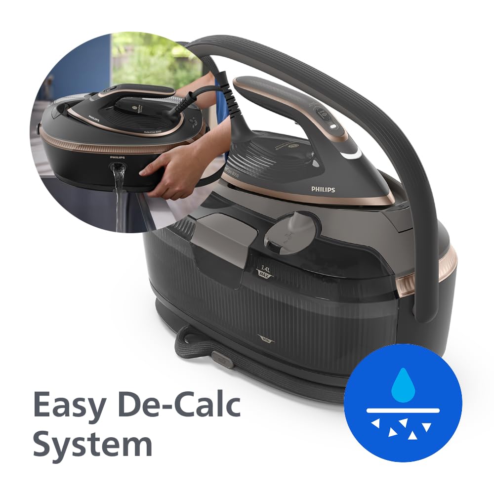 Philips PerfectCare 8000 Series Dampfbügelstation – 215g Dauerdampf, 750g Dampfstoss, Einfaches Tragen, OptimalTEMP, SteamGlide Elite, 1,4L, Easy De-Calc, Garantiert keine Brandflecken (PSG8200/80)