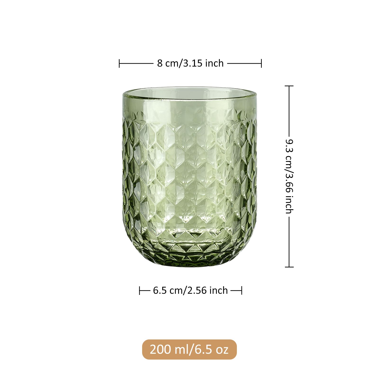Joeyan Set de 6 Vasos de Cristal Agua Verde, 200ml Taza de Vidrio con Relieve, Vajillas de Colores Retro Elegantes, Cristaleria para Bar Restaurante en Casa, Apto para Lavavajillas