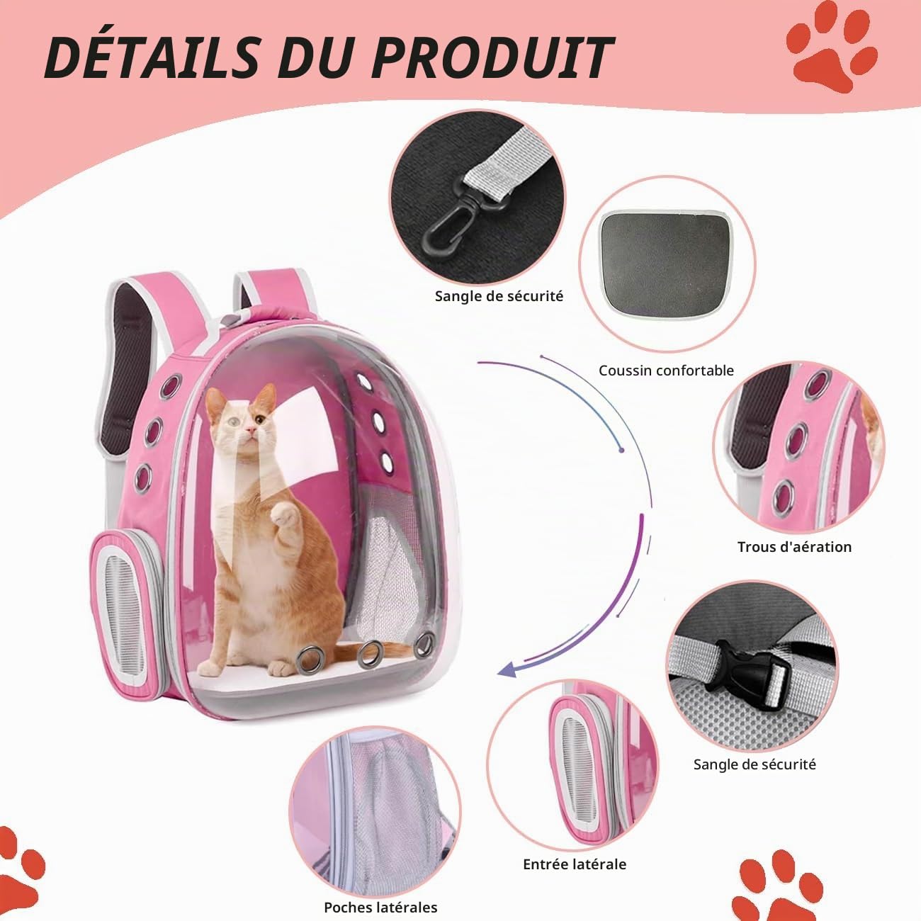 Sac Transport Chatet à l'arrière Extensible Transparent, Sac a Dos Chat Sac à Dos Chien, pour Petits Chiens et Chats, la Randonnée et l'utilisation en Extérieur (Rose, Front Expand)