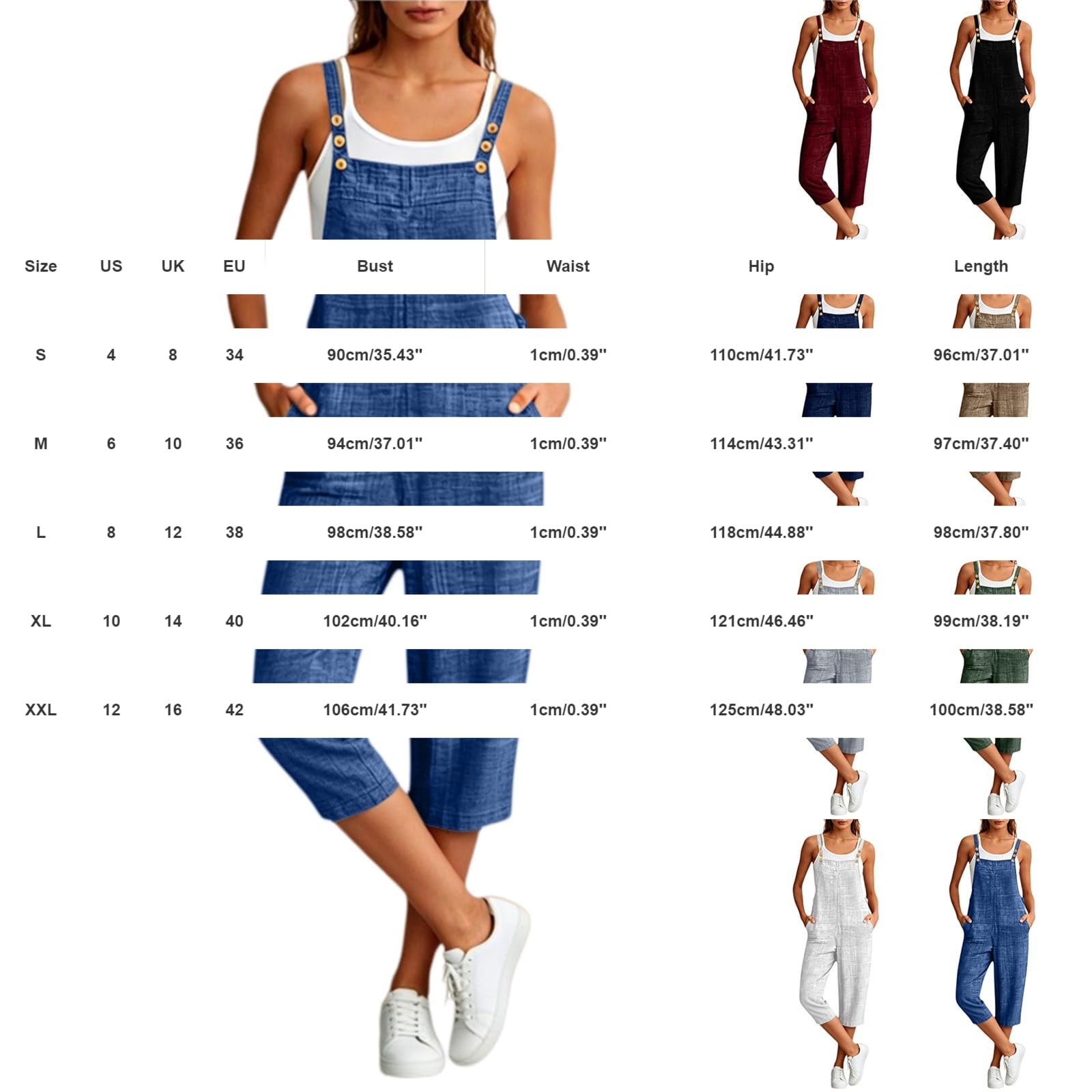 Salopette estive da donna a 3/4, pantaloni da lavoro a gamba larga, con tasche | Tuta casual ampia con bretelle regolabili, tinta unita, senza maniche, per lavoro e tempo libero