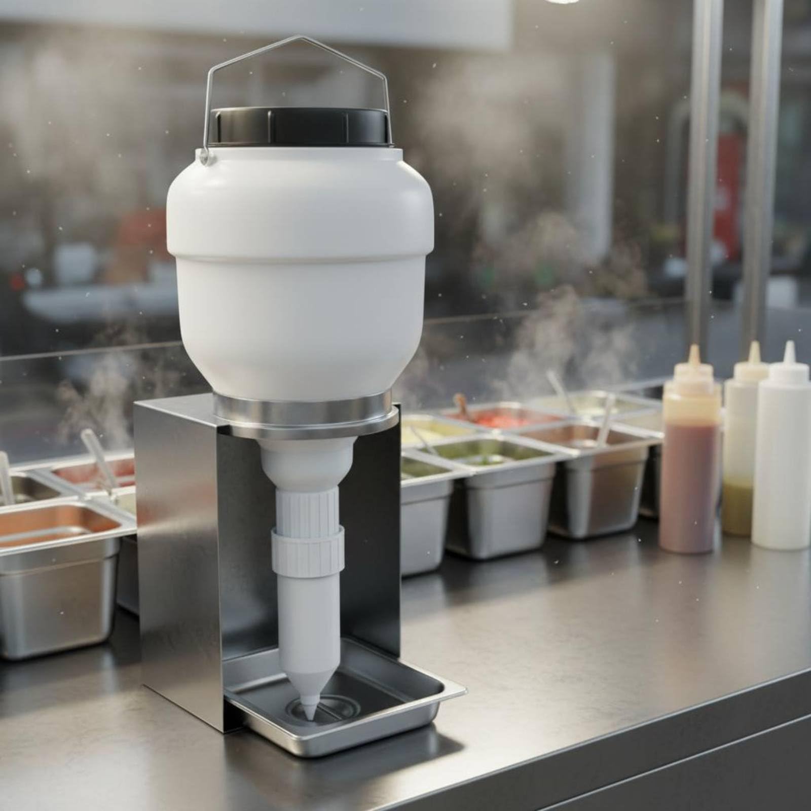 Dispenser di Salse con Porzionatore Preciso Struttura Durevole in Plastica E Metallo Design Sospeso per Ordine Sul Banco Lavoro Adatto a Ristorazione, Barile Quadrato 5,5L