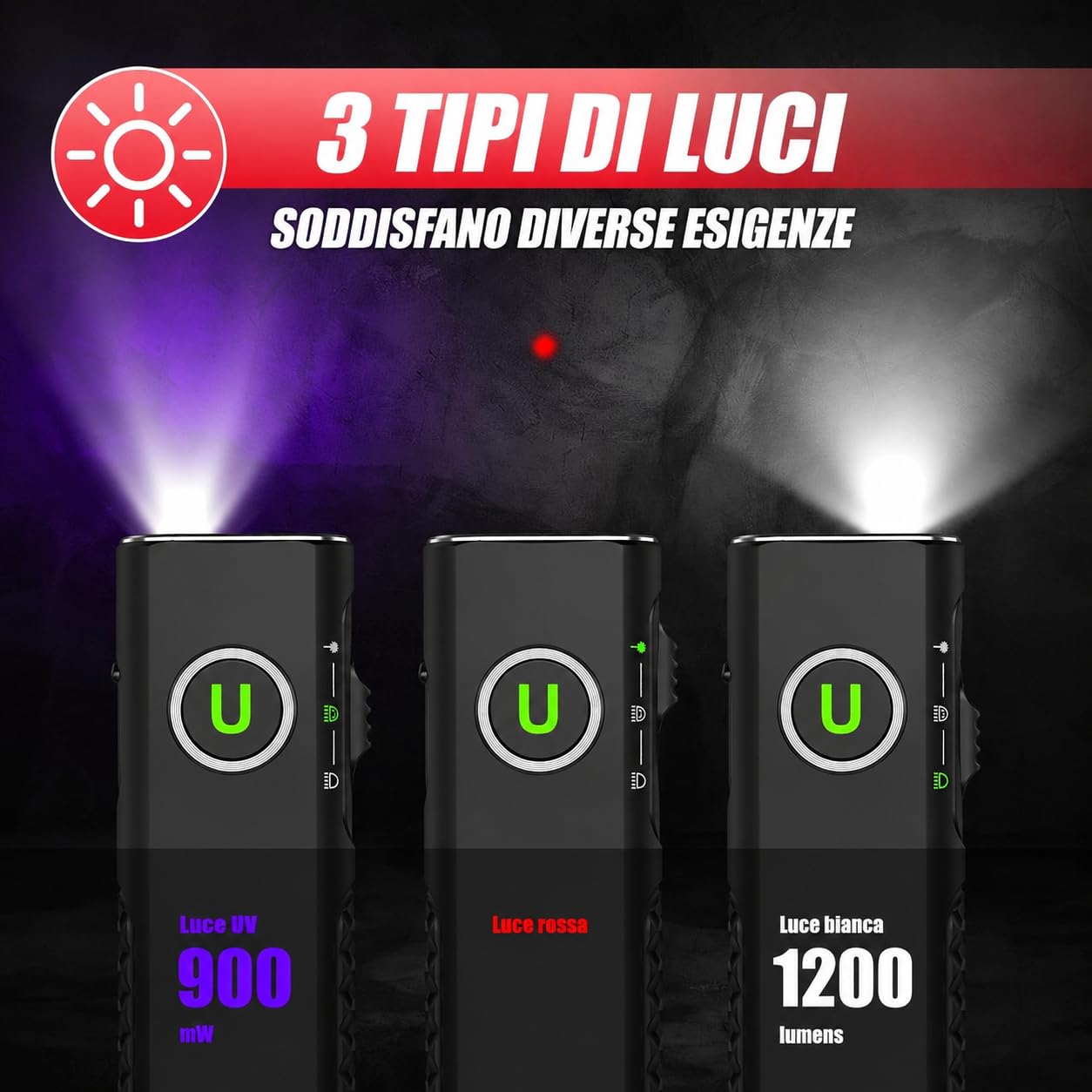 UltraFire Torcia a LED piatta ricaricabile con luce UV e raggio rosso, 1200 lumen, mini torcia tattica con 3 sorgenti luminose, torcia magnetica compatta per lavoro, attività all'aperto, S3
