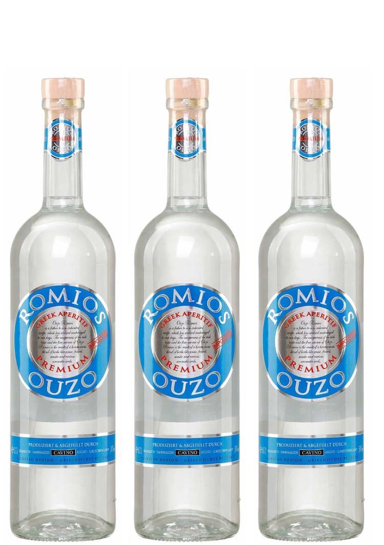 Ouzo Romios 3x 0,7l | Destillerie Cavino | 38% | Klassischer Ouzo aus Peloponnes | +20ml Jassas Olivenöl