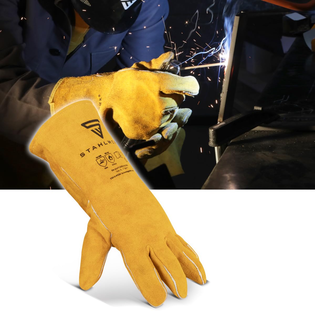 STAHLWERK Schweißerhandschuhe Echtleder 2 Paar – Hitze- & feuerbeständige Schweißhandschuhe für Schweißen & Plasma mit Unterarmschutz, hohe thermische & mechanische Belastbarkeit, Einheitsgröße (35cm)