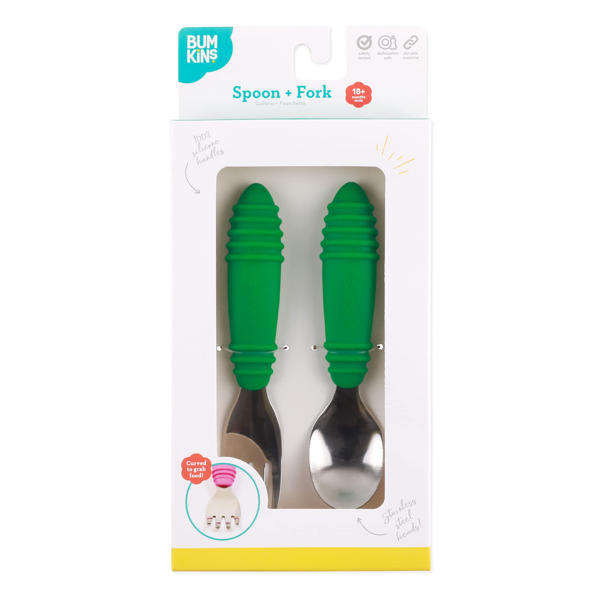 Bumkins - cuillère et fourchette en silicone et acier inoxydable - Jade