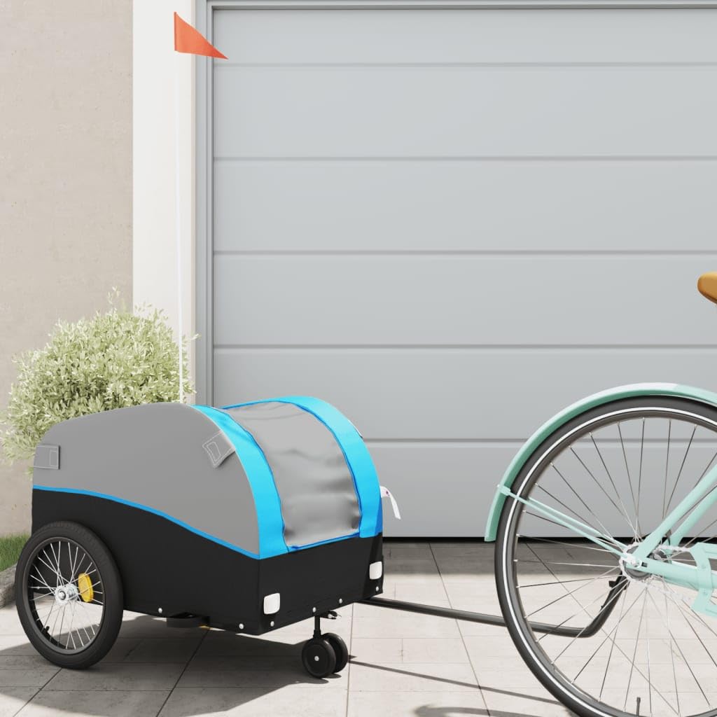 Remolque para bicicleta de hierro negro y azul, 30 kg, con bandera de seguridad y barra de tiro, plegable, para exteriores, compras, excursiones, ciudad, naturaleza, etc
