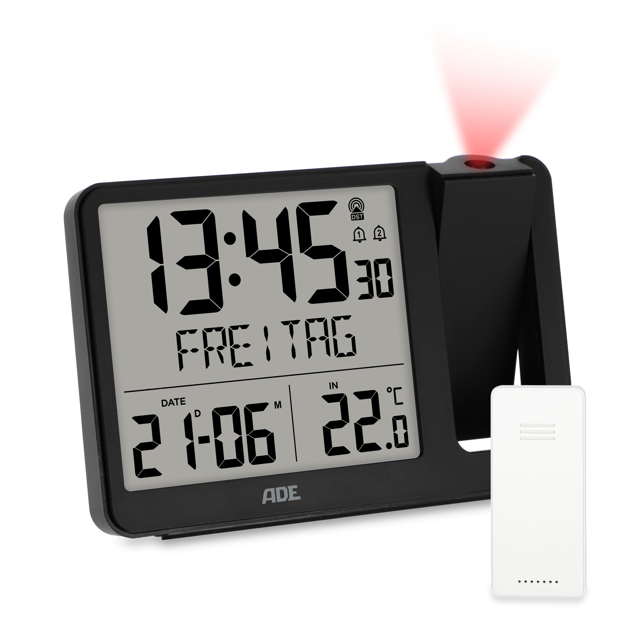 ADE Digitaler Funkwecker mit Projektion und Außensensor | Projektionswecker mit 2 Weckzeiten | Uhr mit Temperaturanzeige, Datum und Wochentag | inkl. Netzkabel | schwarz