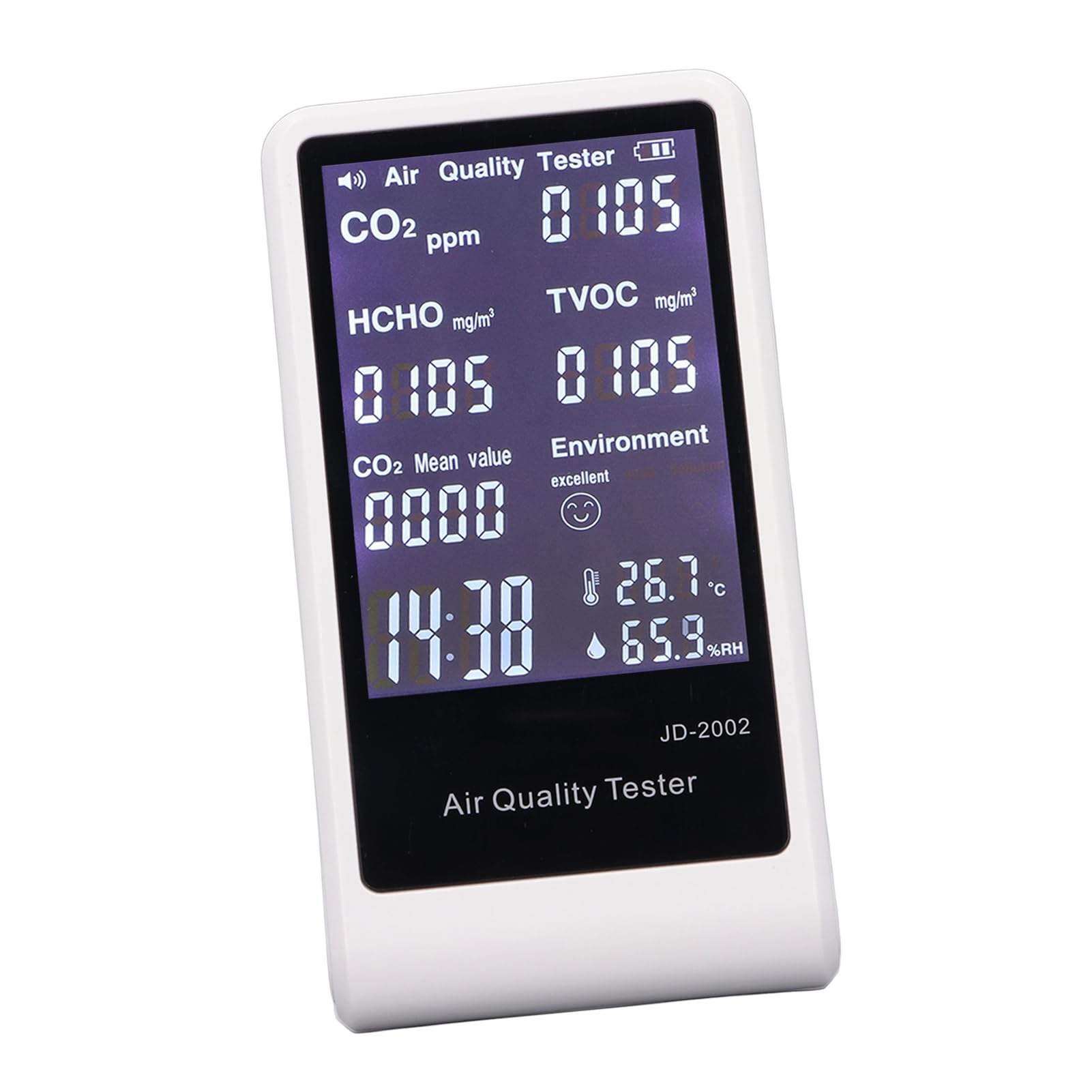 Eujgoov Medidor de CO2 Detector de Calidad del Aire Detector de CO2 7 en 1 Prueba en Tiempo Real con TVOC HCHO Alarma de Temperatura y Humedad de 400 a 2000 Ppm para Uso en Interiores y Oficinas en