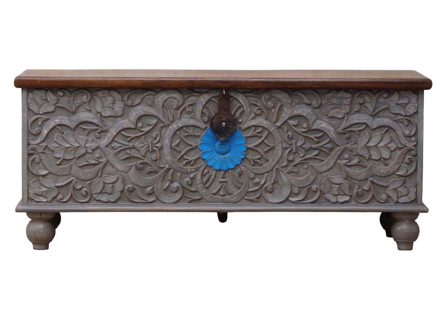 Wooden Carved Storage Trunk, Wooden Carved Trunk, Coffee Table for Livingroom, Center Table with Storage, Blanket Box for Bedroom, Decorative Box, Storage Chest, Grey Distressed Finish.-image-47