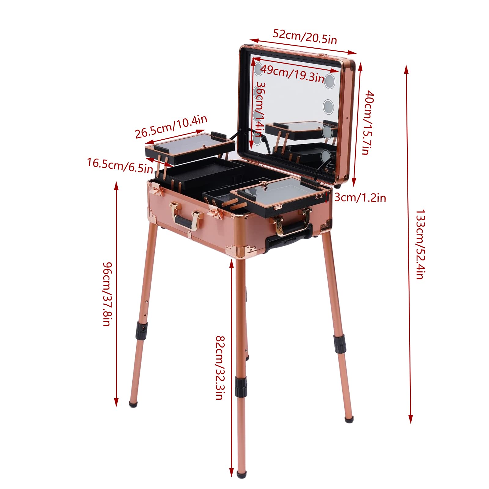 Trolley Make up Case Professional Cosmetic Organizer Vanity Station With Led Lights Wheels And Stands Rolling Lighted Travel Table & Mirror Pro Cover Panel Extendable Adjustable Legs?Rose Gold?