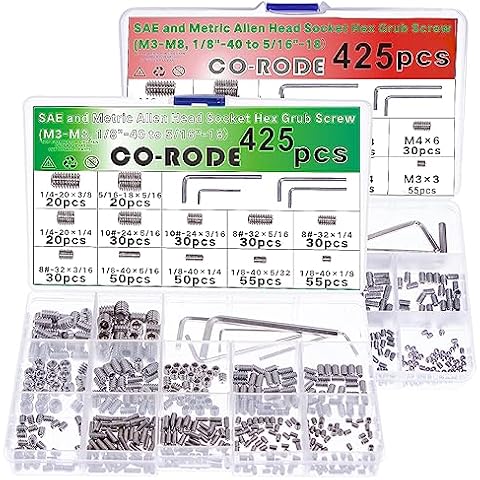 CO-RODE 850pcs SAE and Metric Socket Hex Grub Screw Set, Allen Head, 304 Stainless Steel, Internal Hex Drive, Screws Assortment Kit (M3-M8, 1/8"-40 to 5/16"-18) Cover