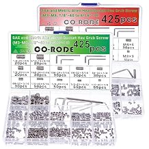 850pcs SAE & Metric Socket Hex Grub Screw Set, Allen Head, 304 Stainless Steel, Internal Hex Drive, M3-M8, 1/8"-40 to 5/16"-18