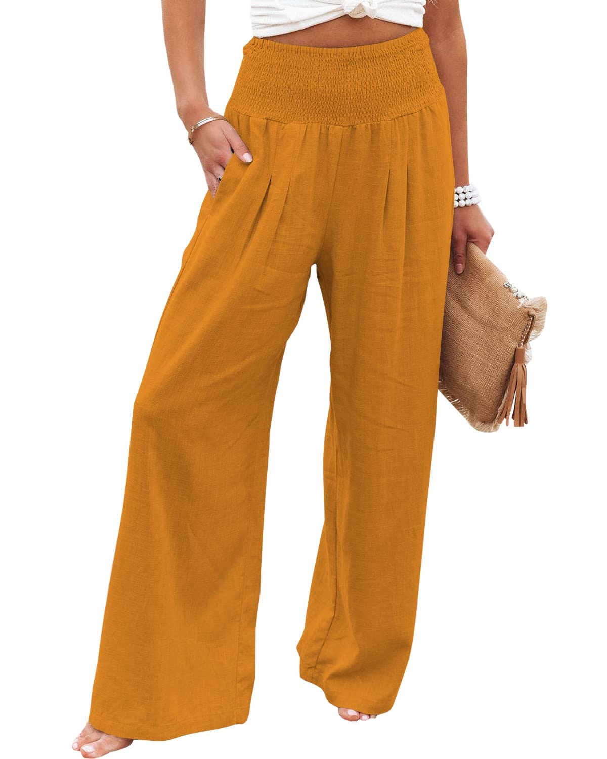 GLIENSTWomen's Casual Wide Leg Palazzo Pants High Waisted Smocked Lounge Trousers with Pockets S-XXL