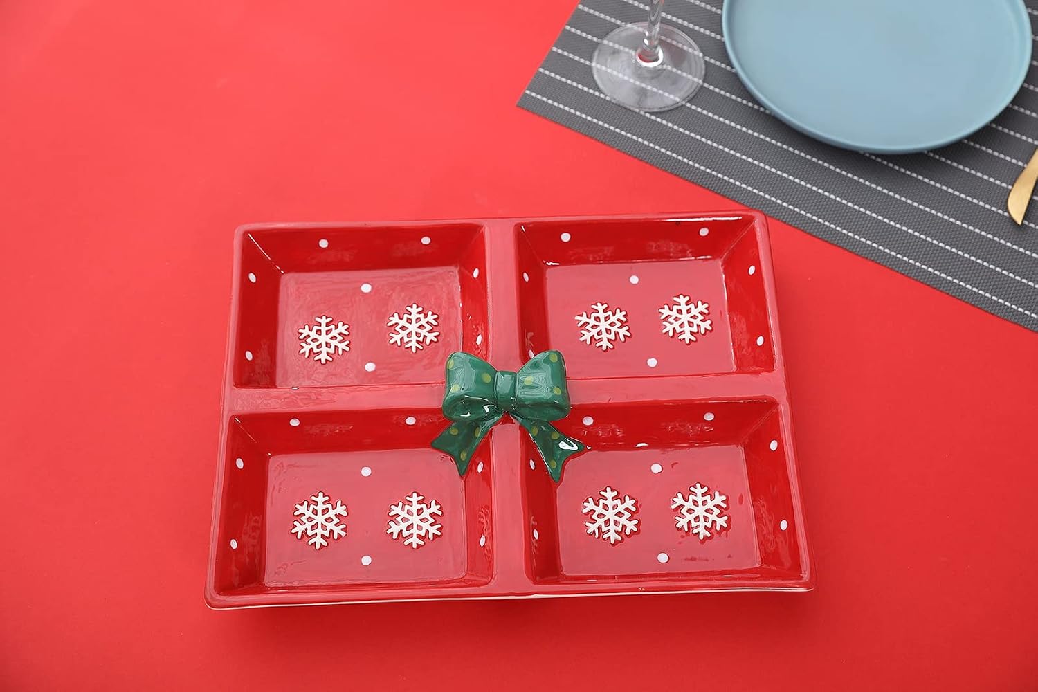 Festive Red Snowflake Christmas Themed Winter Holiday Ceramic 4-Section Server