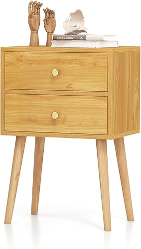 LOKO Mesita de noche con 2 cajones, elegante mesa auxiliar con asas redondas y patas de madera maciza resistentes, mesa auxiliar moderna con 2