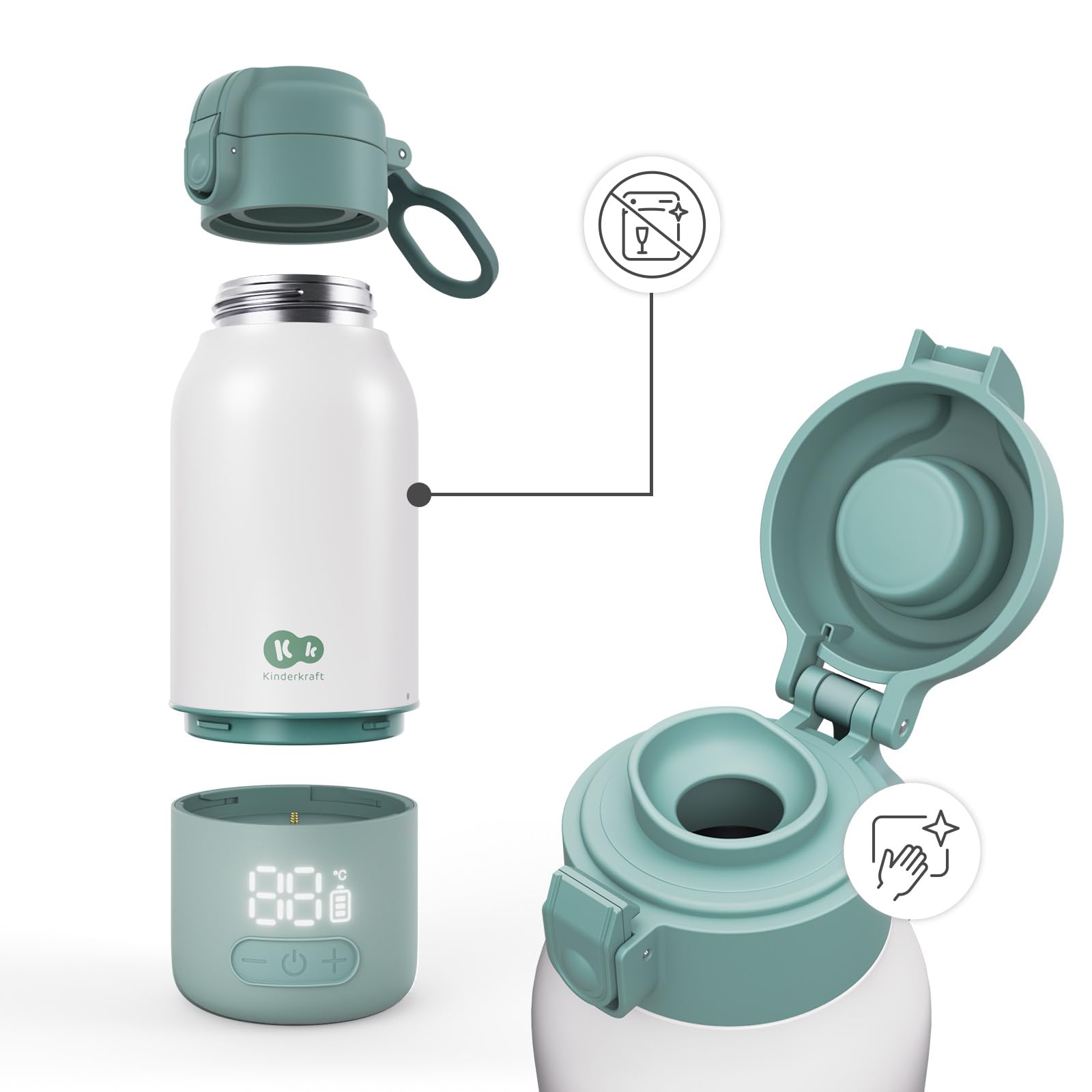 Kinderkraft GAJA scaldabiberon portatile e thermos 2 in 1 500 ml, 5 livelli di temperatura 37–55°C, batteria rimovibile, mantiene il calore fino a 20 h, ricarica USB-C, Verde