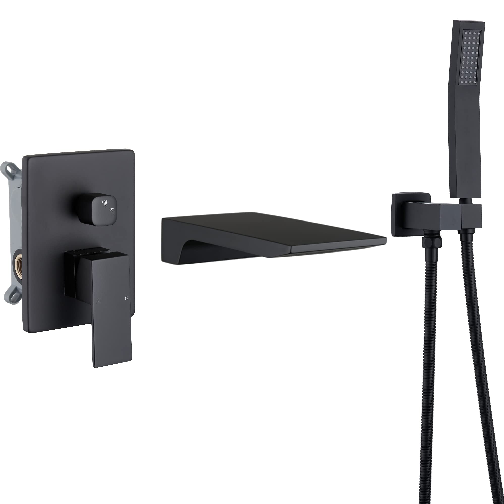 Photo 1 of DASAN Waterfall Tub Filler Faucet Wall Mount with Hand Shower, Modern Wall Mounted Bathtub Faucet Matte Black Tub Faucet with High Flow Rough in Valve, SA-TF01WH-MB