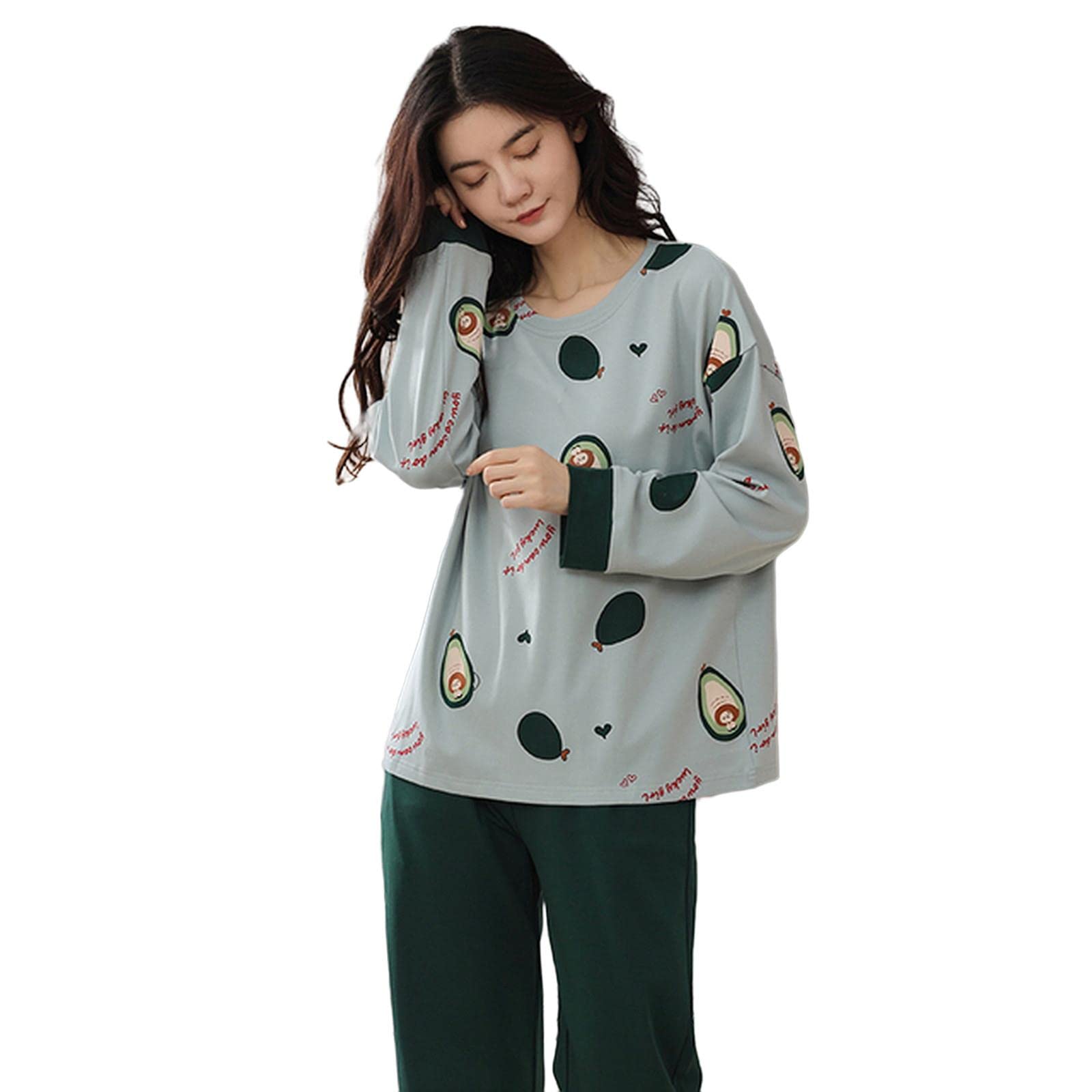 MOGSA Pijama para mujer, primavera, otoño, de algodón, elegante, floral, conjunto de ropa de dormir, pantalones a cuadros, para mujer, hogar, W12, L asiático (50-60 kg)