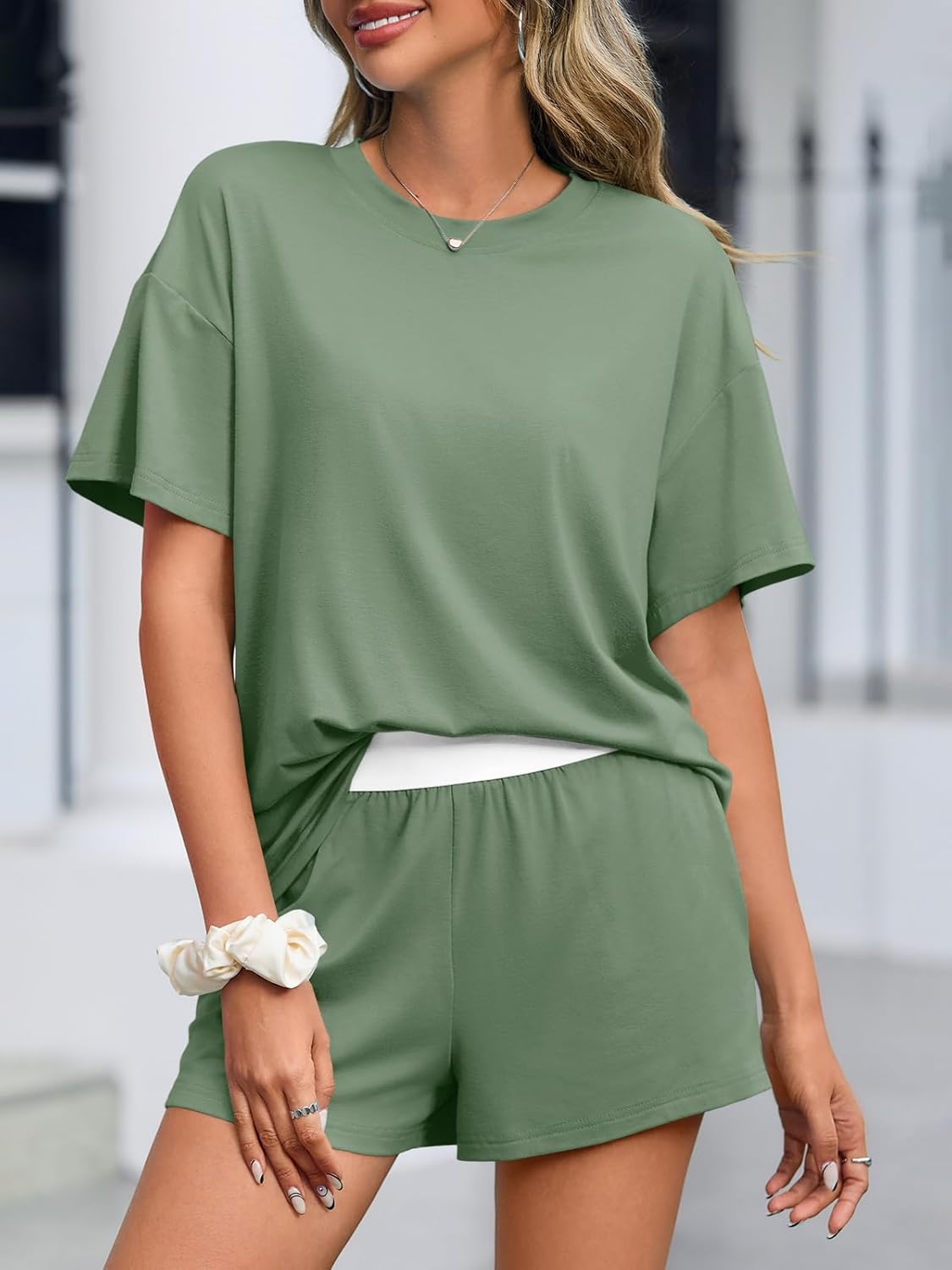 Tankaneo Womens Short Sets 2 Piece Summer Vacation Outfits Short Sleeve T-shirts Elastic Waist Shorts Matching Set - Image 2