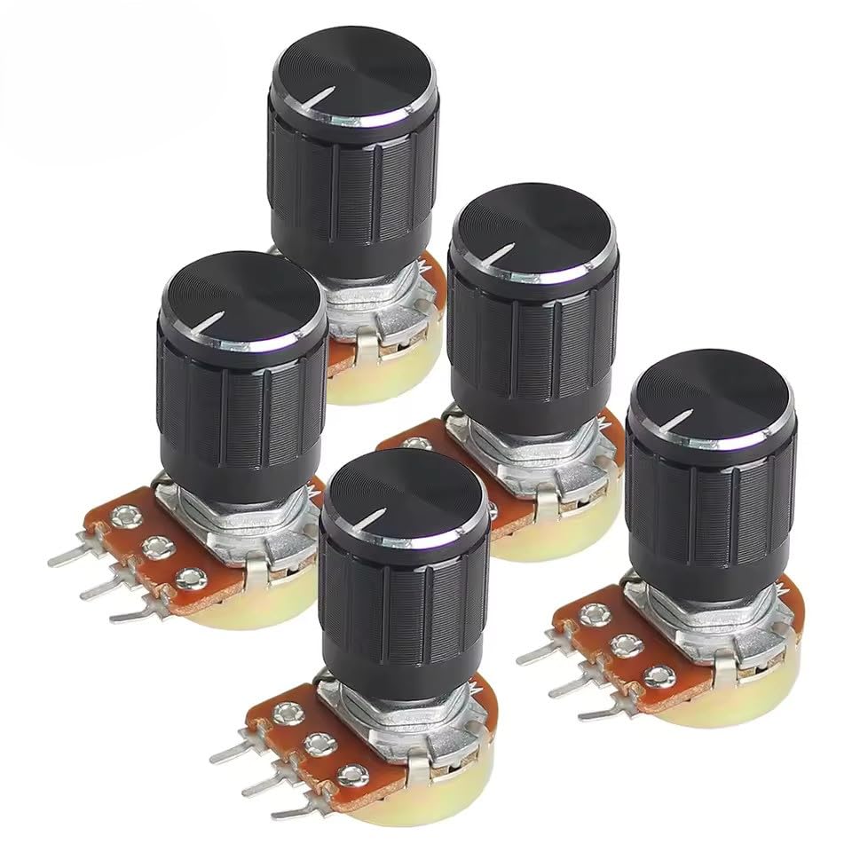 Rotary Potentiometer Linear Taper, WH148, 15mm, 3-Pin, with Black Aluminium Knobs