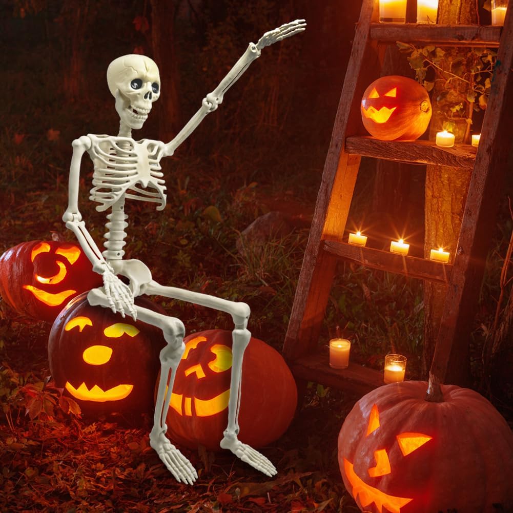 CAMIRUS Esqueleto de Halloween de 3 pies, esqueleto de Halloween de cuerpo completo de 36 pulgadas con articulaciones articulables móviles, accesorio de huesos humanos realistas de plástico para