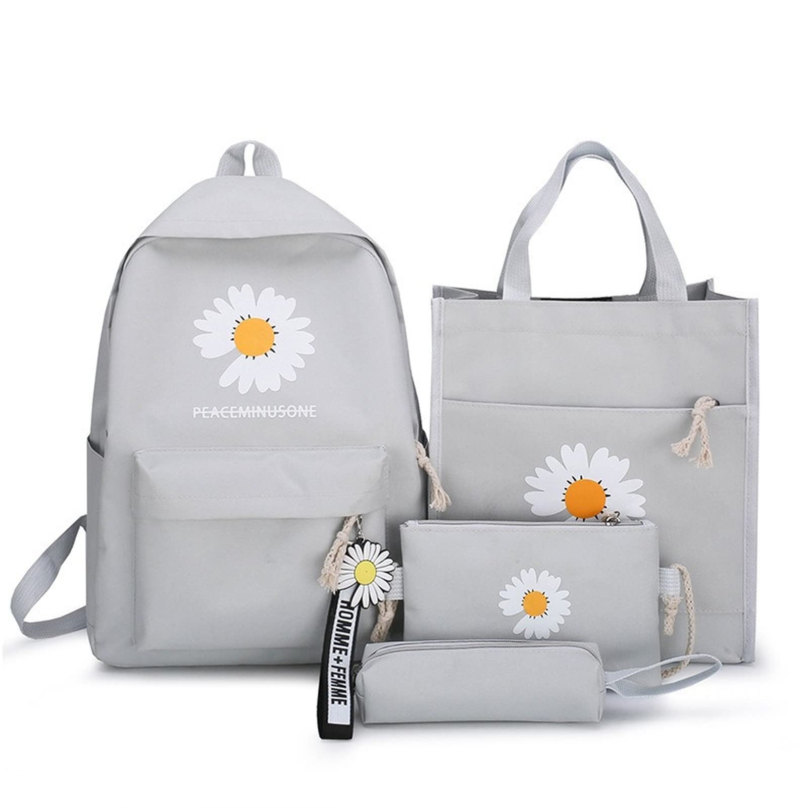 4Pcs Kawaii School Rugzakken Combo Leuke Bloem Hanger Esthetische Canvas Schooltas Boekentas Terug Naar Schoolbenodigdheden Dagrugzak, Grijs, Large, Klassiek