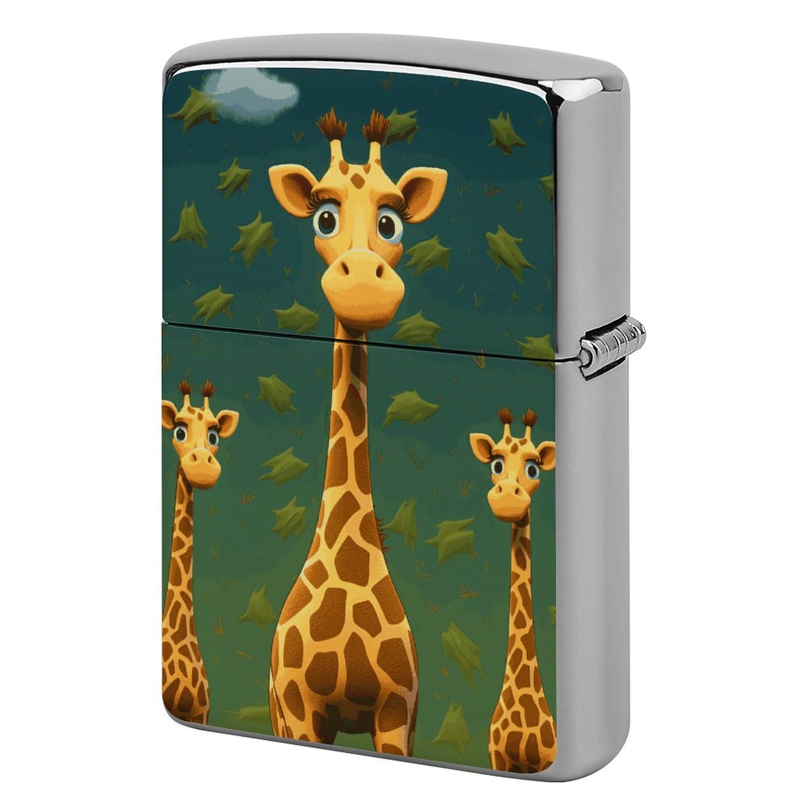 Cartoon Giraffe Metal Lighter Case Windproof Vintage Lighters Holder Reusable Cool Cigarette Lighter Cover for Men Personalized Pocket Flip Lighters Sleeve Double Sided Portable Protective Sleeve