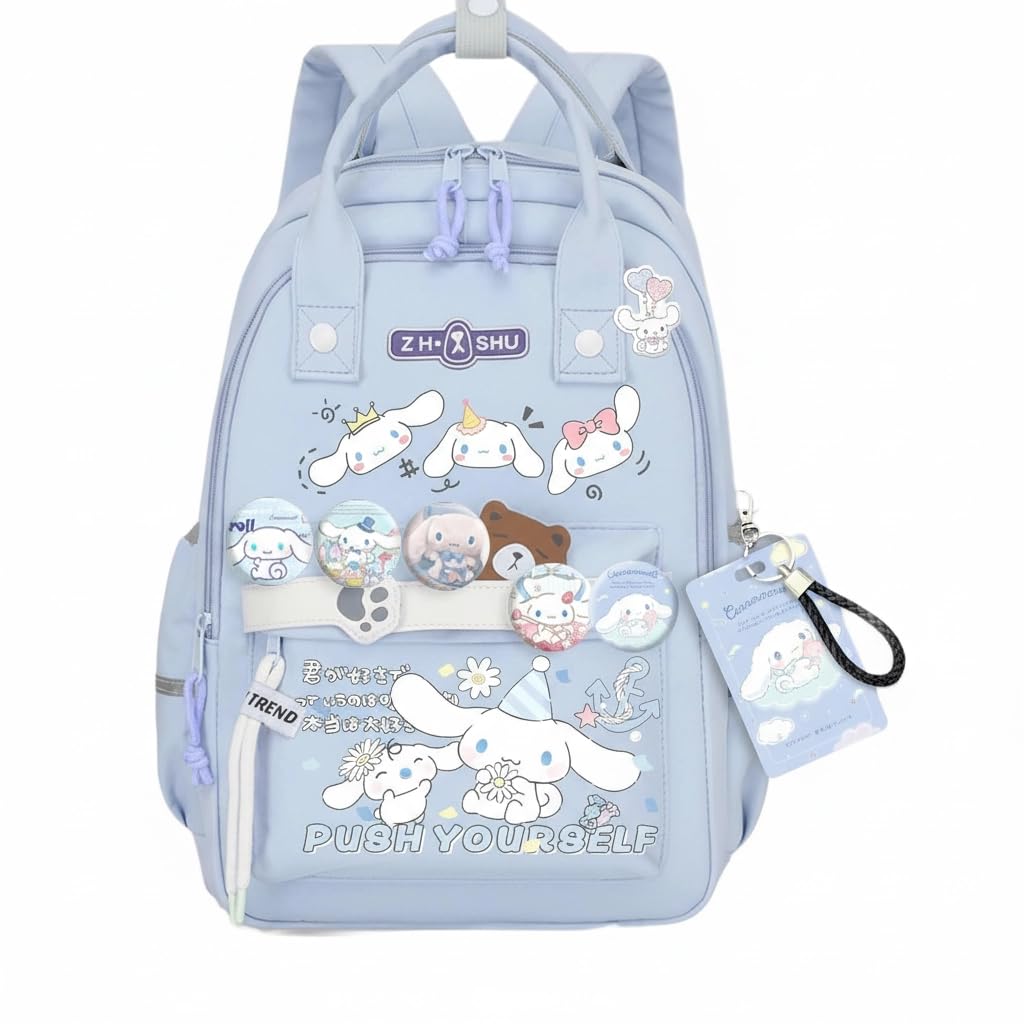 Vivixilan Kawaii Backpack with 22Pcs Accessories Anime Cartoon Anti-Theft Travel Aesthetic New Semester Gifts Bag with Cute Pin