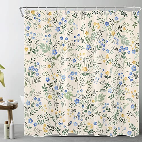 LB Country Wildflower Shower Curtain Decor Blue and Yellow Floral Green Leaf Plant on Beige Shower Curtain for Bathroom 72X72 inch Polyester Fabric Bathroom Decoration Bath Curtains Hooks Included
