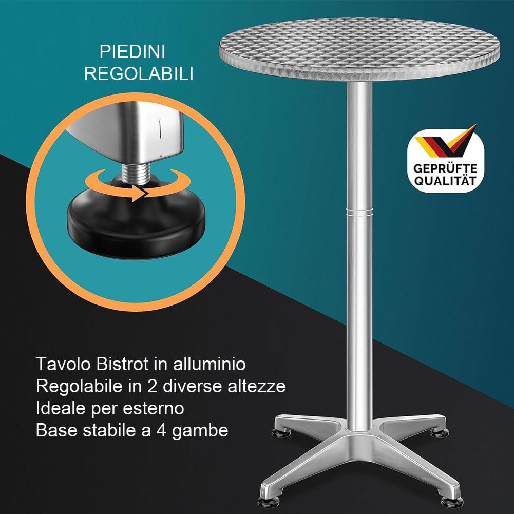 BAKAJI Tavolino In Alluminio Per Esterno Pieghevole 60 x 70/110cm Regolabile In Altezza Tavolo Bistrot Ripiano TOP in Acciaio Inox Rotondo Per Bar Casa Giardino Ristorante Silver