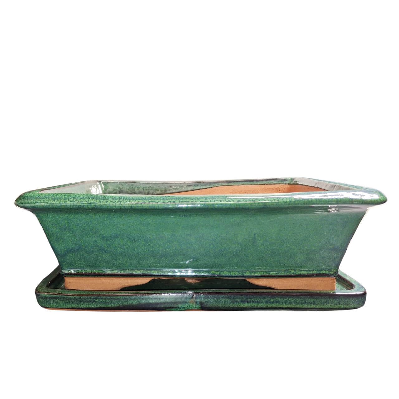 Ceramic Bonsai Pot - 380 x 310 x 110 - Green Rectangle Bonsai Tree Planter | With a Matching Drip Tray