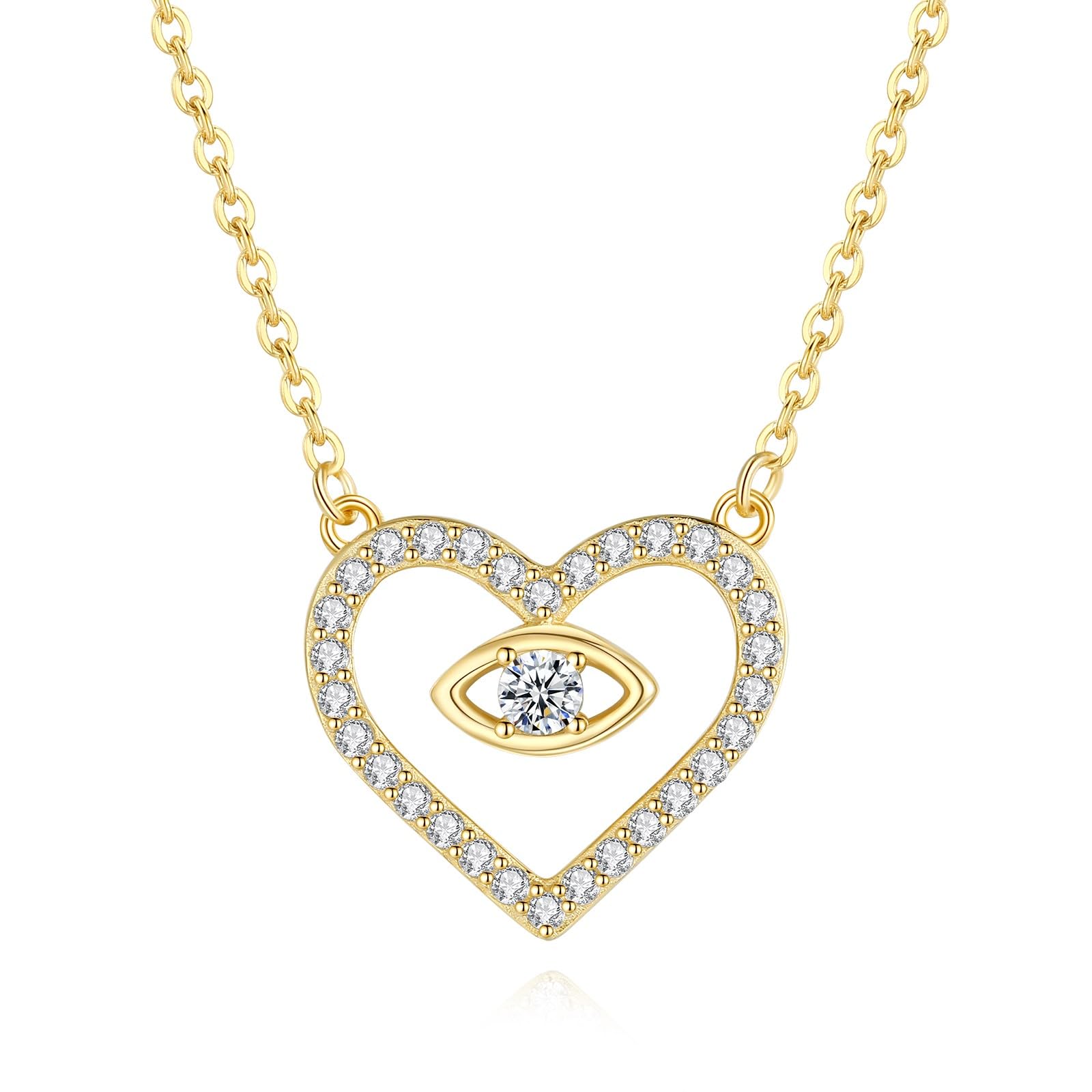 GAVU Collar de Plata de Ley 925 Bañado en Oro para Mujer con Colgante de Corazón con Circonita Cúbica y Ojo Turco