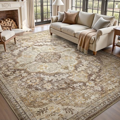 tchdio 8x10 Area Rugs for Living Room, Vintage Non Slip Washable Rug, Soft Low Pile Area Rug Large Floor Indoor Carpet for Bedroom, Dining Room, Office (Brown, 8'x10') Brown 8'x10'