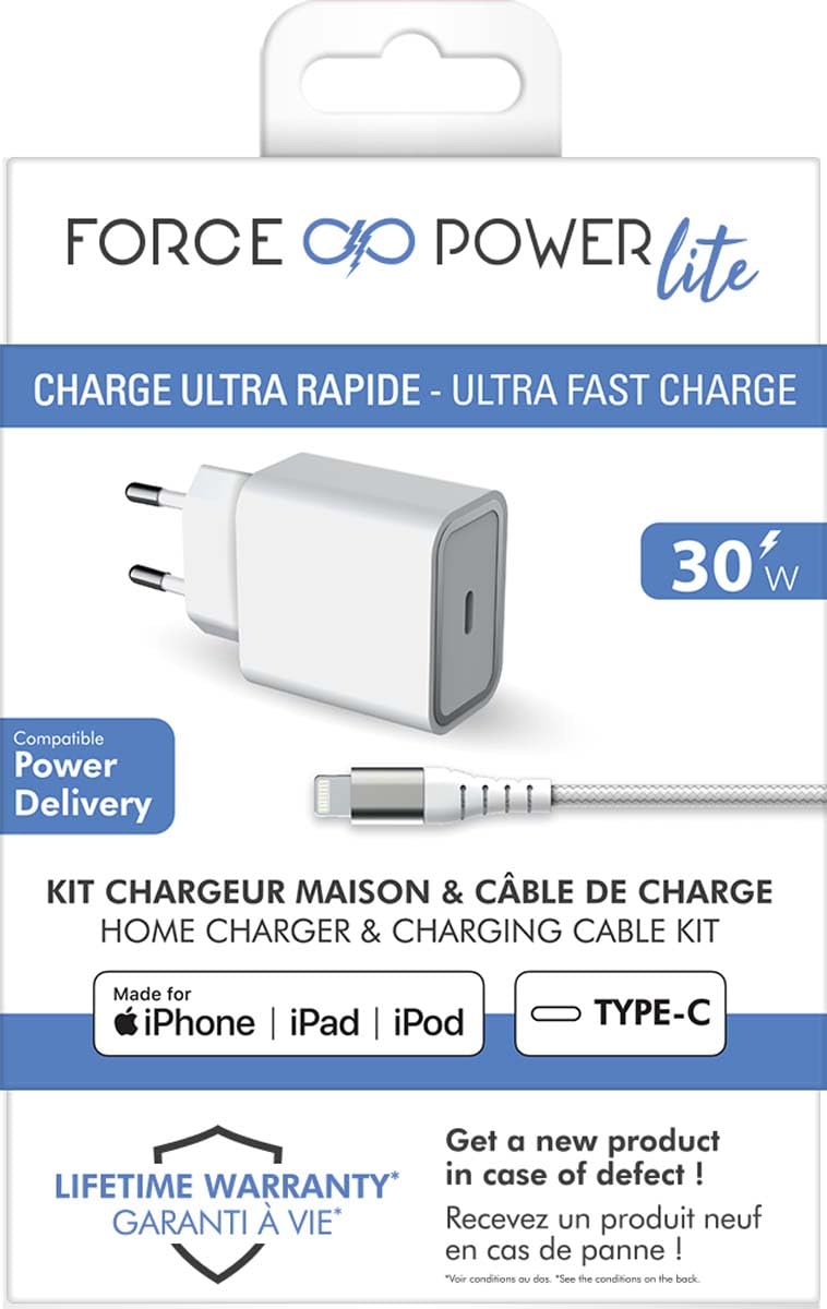 Chargeur Maison 30W Power Delivery Garanti à Vie + Câble USB C/Lightning Blanc - 100% Plastique recyclé Force Power Lite
