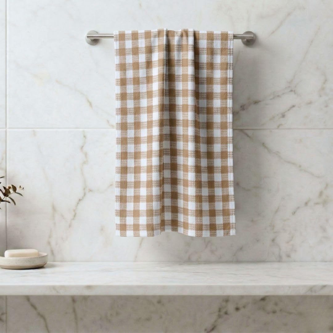 Athom Living Premium Cotton Light Weight Quick-Dry High Absorbent Cotton Bath Towel Beige Checks, 75x150 Cm (Pack of 1)