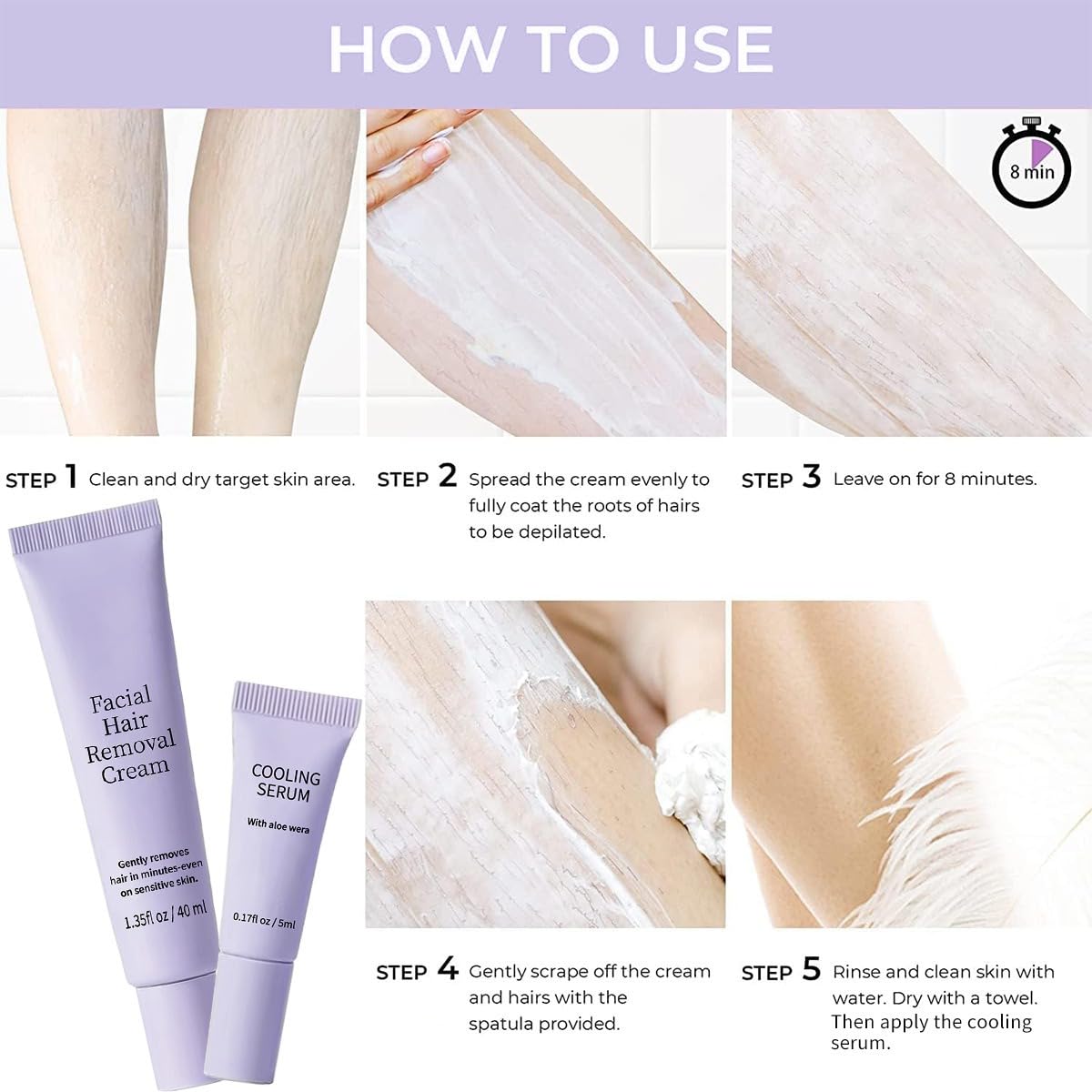 Crema depilatoria per il viso da donna con siero lenitivo rinfrescante – arricchita con aloe vera, ideale per mento, labbro superiore e zampe (6 pezzi)