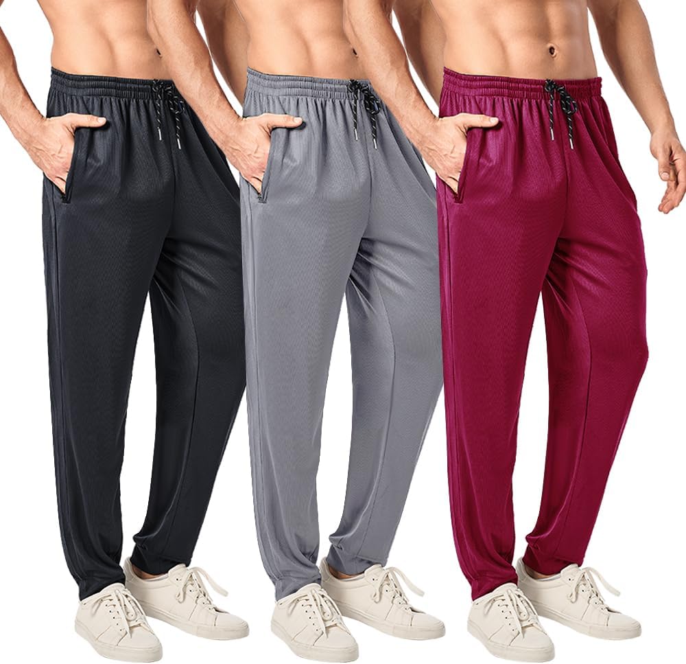 Men’s Mesh Jogger Sweatpants 3 Pack – Lightweight Quick Dry Athletic Pants with Zipper Pockets for Workout, Running