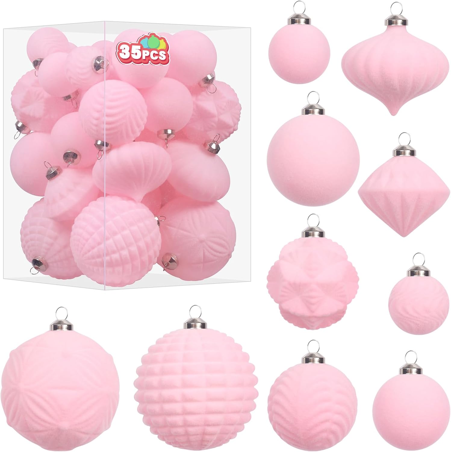 Super Holiday Velvet Christmas Ornaments Set, 35PCS Flocked Shatterproof Assorted Hanging Xmas Tree Ball Decorations, for Home Party Holiday Decor, Pink