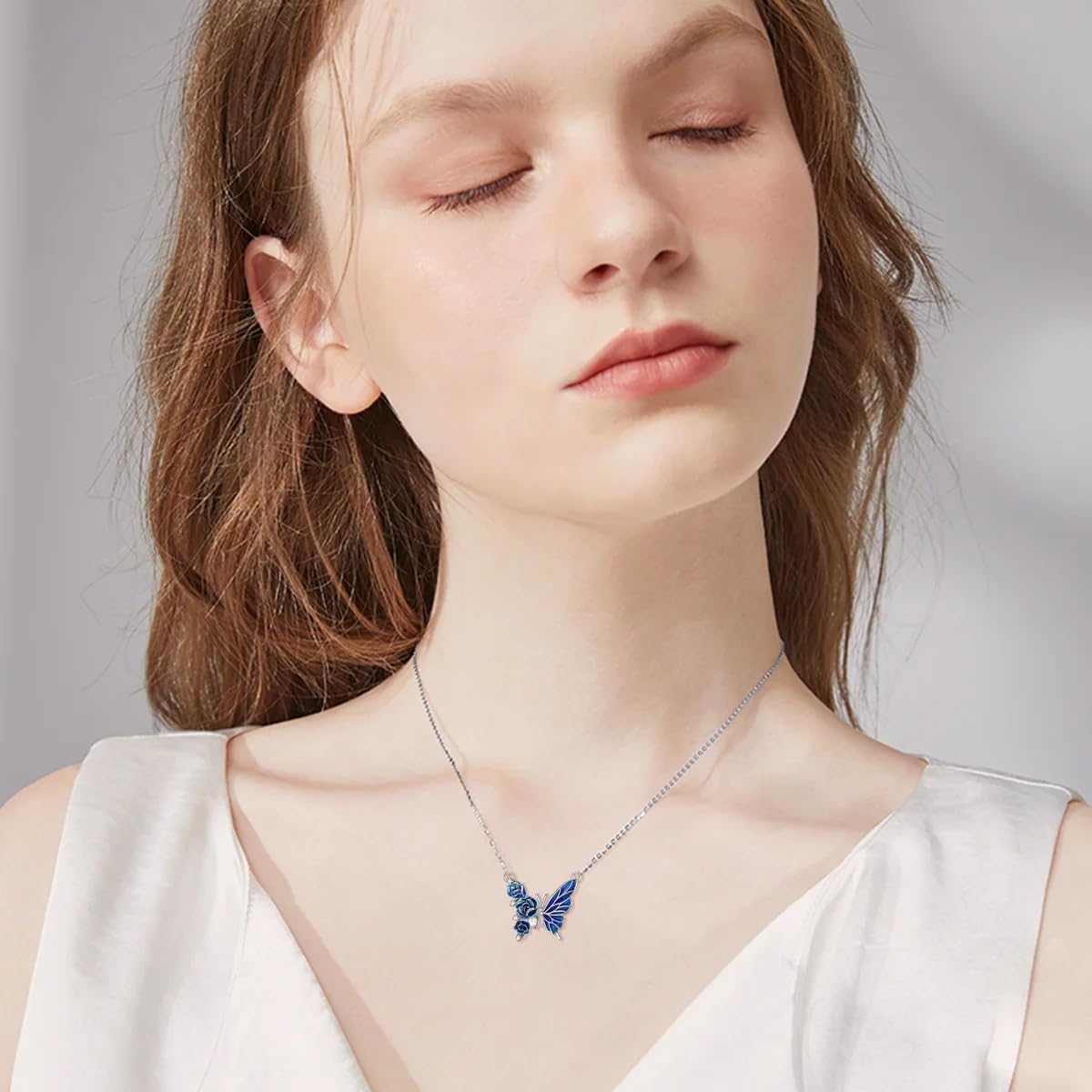 VONALA Butterfly Necklace 925 Inlaid Silver Butterfly Pendant Blue Rose Yellow Daisy Wave Dot Butterfly Necklace Jewerly Women's Gift - Image 2