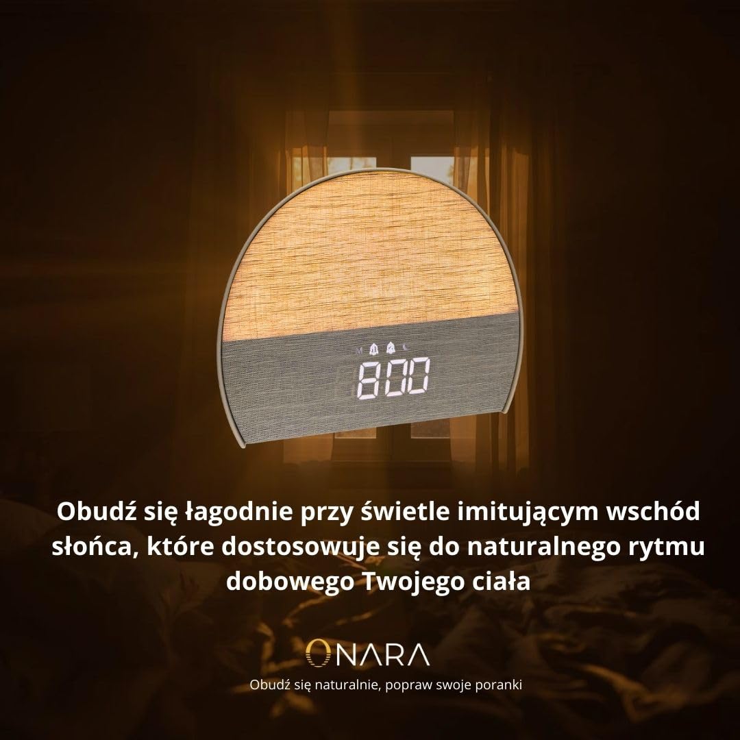 Budzik wschodu słońca, relaksujące dźwięki, biały dźwięk, głośnik Bluetooth, radio FM, minutnik snu, regulowana jasność, podwójny budzik, lampka nocna, aby poprawić Twoje poranki