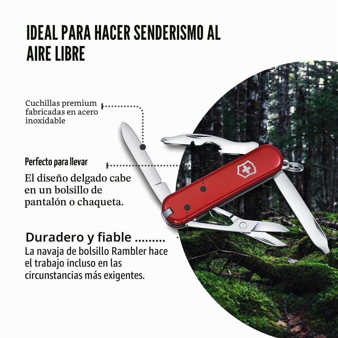 Victorinox Navaja suiza de bolsillo Rambler, pequeña, 10 funciones, Hecha en Suiza, multiherramienta con destornillador Phillips, tijeras, rojo