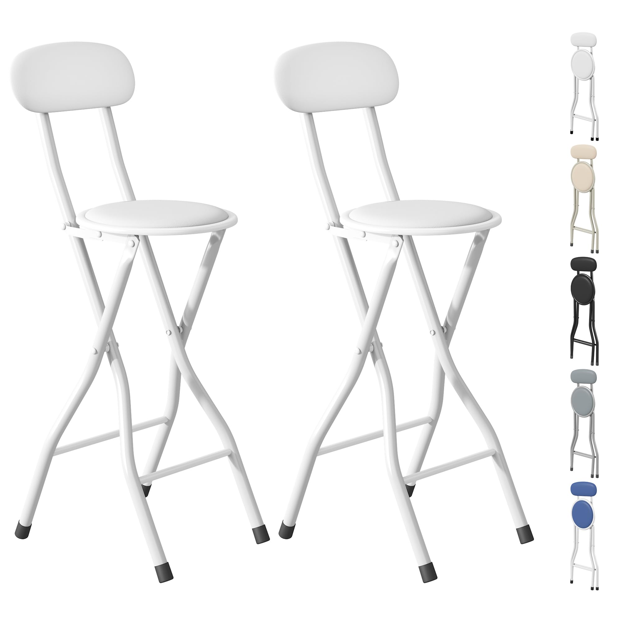 mcc direct Folding Bar Stool Set of 2, Breakfast Barstool Kitchen Restaurant Seating, Faux Leather Foldable Chair with Metal Frame, Padded High Chair(White)