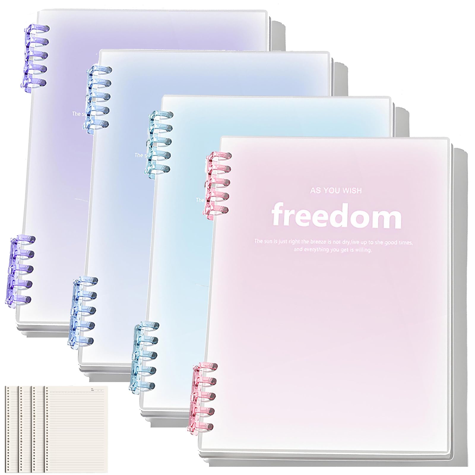 Lot de 4 cahiers rechargeables B5 de 120 feuilles mobiles avec intercalaires amovibles à couverture rigide Violet, rose, bleu, vert