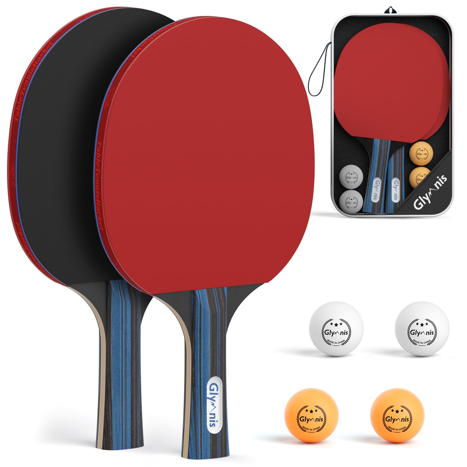 Glymnis Tischtennisschläger, Tragbares Tischtennis Set mit Tischtennisbälle | 4 Schläger+8 Bälle/2 Schläger+4 Bälle, Premium Tischtennisschlaeger, 3-Sterne-Tischtennisbälle, Kompakte Aufbewahrungstasche