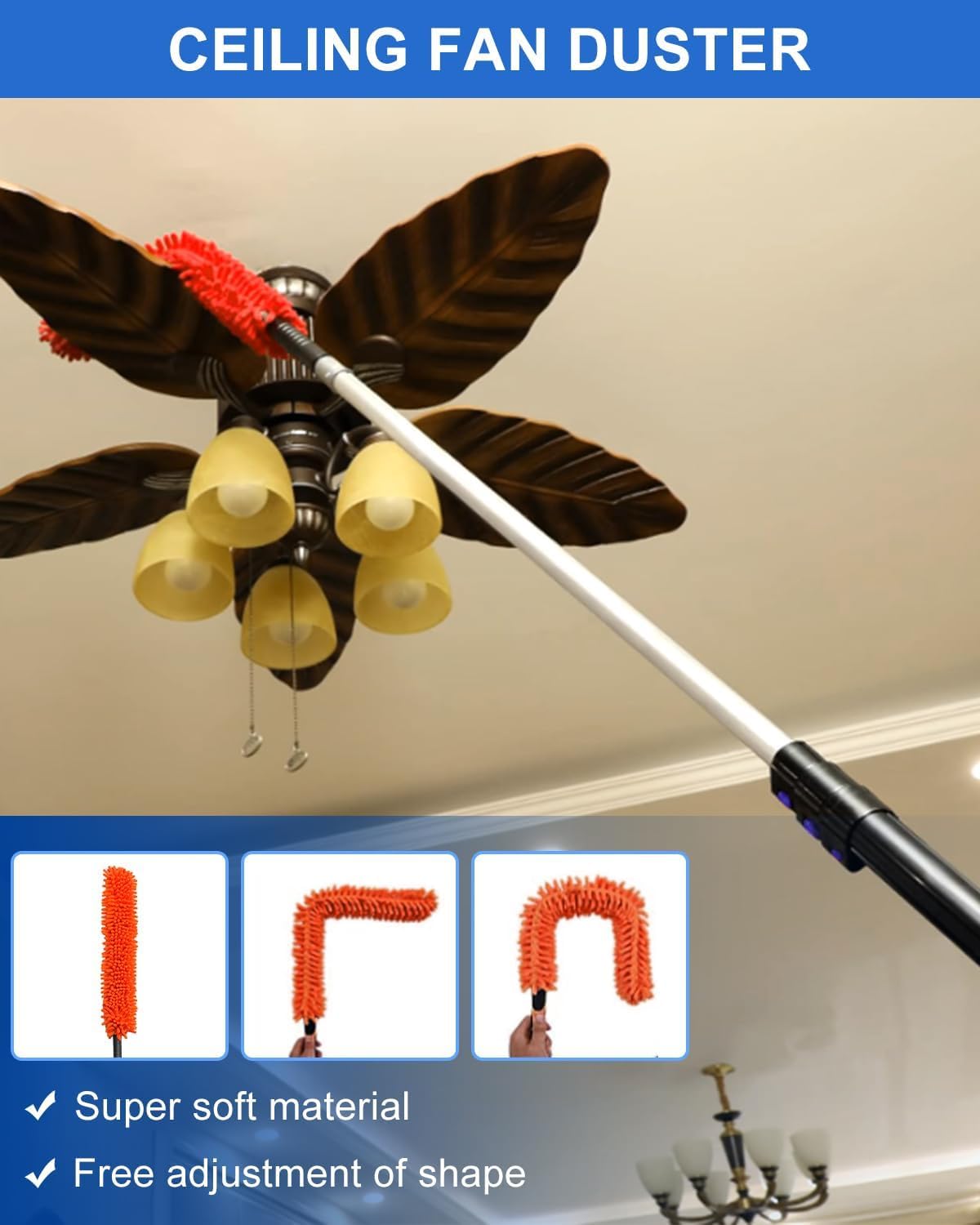 Kit de plumero de alto alcance de 26 pies con poste de extensión telescópico de 5 a 19 pies, plumero de techo alto, plumero de telaraña, escobilla de ventana, plumero de plumero, kit de