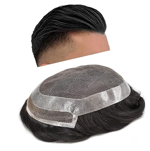 Miniatura 8 de Peluca tipo tupé para hombre, diseño de encaje frontal, nudos blanqueados, línea capilar natural, sistema de reemplazo de cabello para hombres,