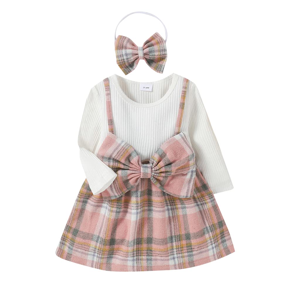 Hopscotch Girl's Beige Checkered Full-Sleeve Knee-Length Casual Dress With Headband